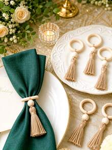 1/2/6/12pcs Wood Ring Beige Tassel Napkin Rings, Wooden Bead Buckle, Boho Rustic Wedding Table Decor, Bridal Shower Banquet Farmhouse Dinner Party Table Setting Decorative Napkin Holders - Multicolor - View 1