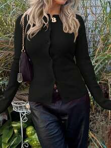 Plus Size Women's Button-Up Long Sleeve Cardigan, Winter Casual Business Jacket, Suitable For Outdoor Wear, Black - Black - View 10