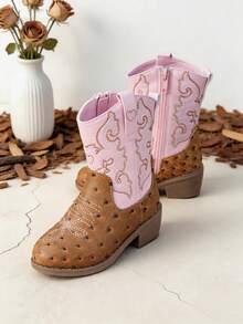1 Pair Girls Brown Pink Two Tone Embroidery Western Cowboy Ankle Boots, Spring Autumn Kids Footwear - Pink - View 3