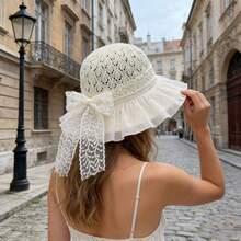 1PC/1set Women's Crochet Straw Lace Trim Bucket Hat - Lace Ruffle Decoration With Bowknot Embellishment, Wide Brim Foldable Lightweight Breathable, Summer Beach Vacation Hat, New Vintage Playful Fairy Style - Multicolor - View 2