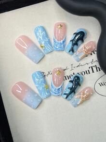 10pcs/Set Y2K Nails Handmade, Pink Nails, Blue Nails, 3D Whale Nails & 3D Starfish Nails, Cute Nails, Perfect For Parties & Daily Wear. Short Square Nails. Handmade Press On Nails Square, Handmade Fake Nails, Acrylic Nails, Short Nails, Summer Nails - Multicolor - View 10