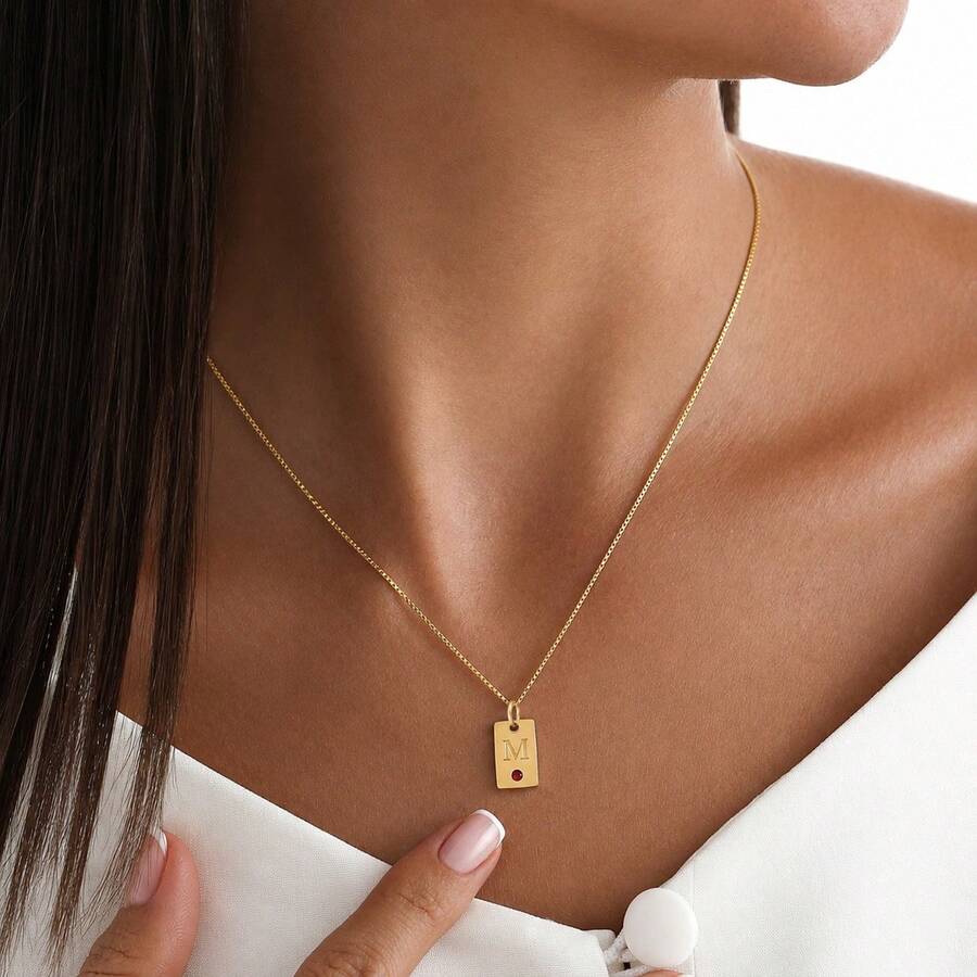 1 pieza Nuevo Collar con Colgante de Letra Rectangular y Cadena de Caja Dorada para Mujeres - Amarillo Oro - Ver 1