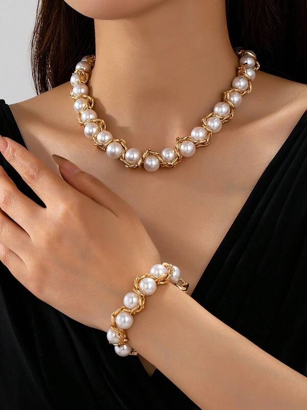 2pcs/Set (Necklace + Bracelet) French Style Heavy Work Wrapped Large Pearl 2pcs/Set Luxury Gold-Plated Thick Chain Necklace & Bracelet Set For Women, Suitable For Evening, Commute, Versatile Matching With Knitwear, Dresses, Valentine's Day, Mother's Day, Women's Day, Birthday, Anniversary, New Year Gift Box
