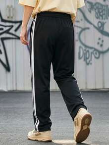 Men's Black Casual Sports Pants, Drawstring Waist With Side Stripe Design, Versatile Straight Leg, Autumn Style - Black - View 5