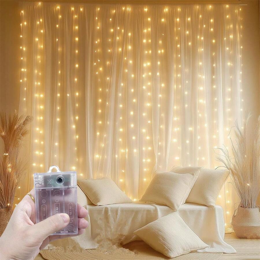 Battery Powered Fairy Curtain Lights, String Lights For Yard, Background Wall Decoration, Suitable For Wedding, Christmas, Halloween, Party, Holiday Lighting, Camping Decoration, Patio Decoration, Home Lighting, Room Decoration, Garden Decoration, 8 Lighting Modes, 100/200/300/600LED, Outdoor String Lights, All Season Use, 4 Colors Optional Bedroom Curtain Lights