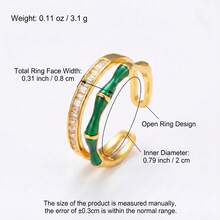 14K Gold Plated Copper Double Layer Bamboo Joint Open Ring, Green Enamel And Rectangular Zirconia Accents, Women's Stackable Jewelry, Suitable For Daily And Evening Wear - Green - View 6