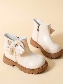 Off-White Girls Ankle Boots Satin Bow Vertical Pearl Decor Side Zipper Round Toe Chunky Lug Sole Sweet Princess Short Boots For Party Daily Dress - White - View 1