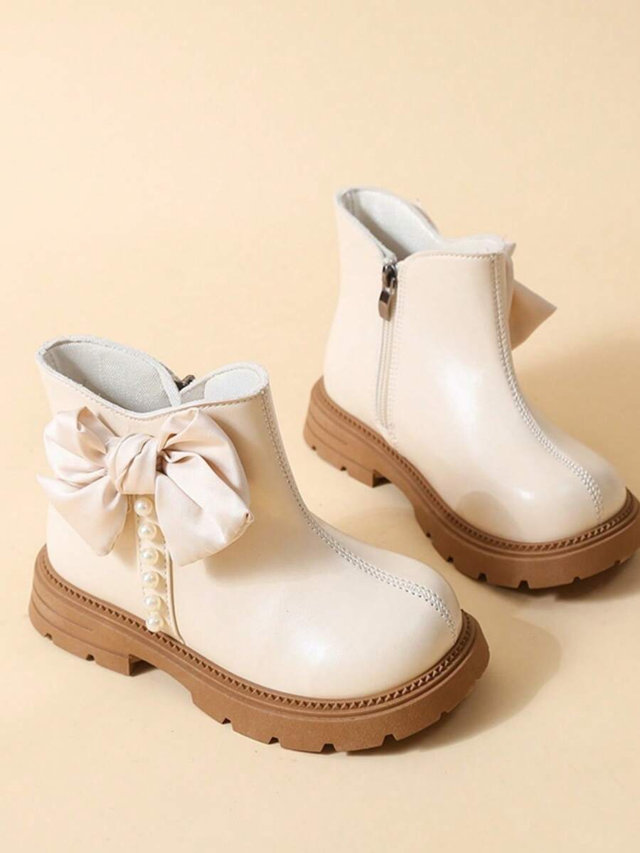 Off-White Girls Ankle Boots Satin Bow Vertical Pearl Decor Side Zipper Round Toe Chunky Lug Sole Sweet Princess Short Boots For Party Daily Dress - White - View 1