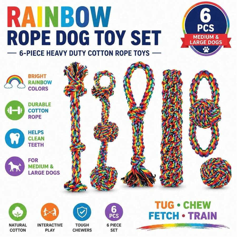 6pcs Durable Knotted Dog Rope Toys - Dog Chew Toys, Suitable For Fun Chewing, Puppy Teething Toys, Interactive Rope Toys - Multicolor - View 1