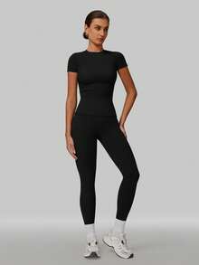 MFVIM Women's Solid Color Round Neck 2-Piece Set Slim Fit Yoga Outfit Short Sleeve Top High-Intensity Tight Versatile Outdoor Running Sports Fitness Wear - Black - View 8