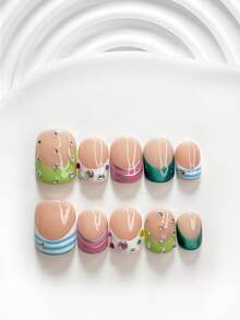 10片酷感手工穿戴甲，Polygel美甲套組，奢華彩色水鑽、條紋、貓眼設計，綠色、白色、粉色、藍色，可愛風格，含美甲工具，3種尺寸可選，方形、短方形、杏仁形，適合派對、跳舞、日常配戴 - 彩色 - 查看 20