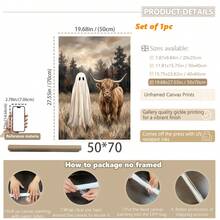 1pc Framed Canvas Wall Art, Vintage Country Style Highland Cow And Cute Ghost Wilderness Oil Painting Canvas Wall Decor, Low Saturation Atmospheric Autumn Forest Farmhouse Poster, Hot-Selling Home Decor Wall Hanging, Suitable For Modern Home Decoration - Ghost - View 13