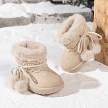 1 Pair Girls' Plush Lace Snow Boots, Non-Slip Thick Sole Children's Winter Warm Boots - Apricot - View 18