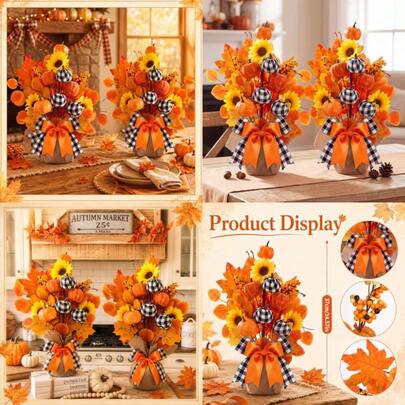 Best Sellers 2 Fall Tree Tabletop Decorations Artificial Autumn Centerpiece 14.5'' Black White Buffalo Plaid And Orange Pumpkin Tree Tabletop Centerpieces For Farmhouse Thanksgiving Harvest Wedding Party