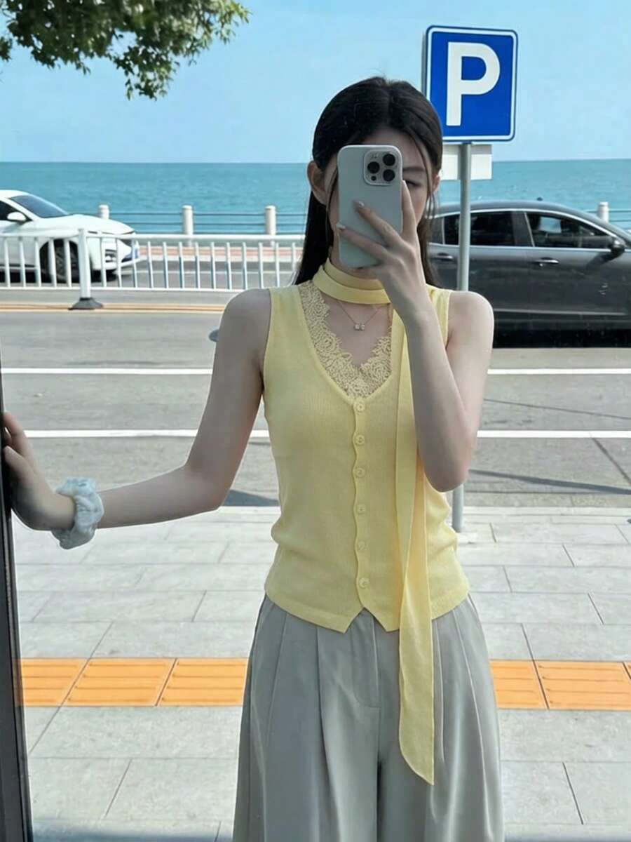 RUIWY Elegant Women's Sleeveless Knit Vest, V-Neck Design, Colorblock Lace Accents, Regular Fit Fall Yellow - Yellow - View 1