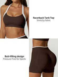 NcmRyu Women's One Set Colorblock Halter Backless Bra & High Waist Ribbed Waistband Shorts Sports Set - Brown - View 4