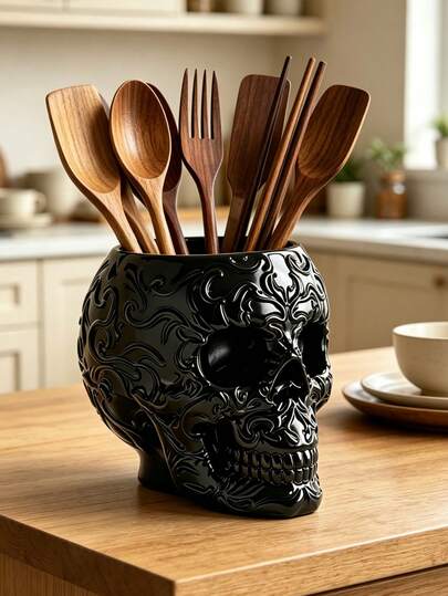 Resin Skull Storage Rack, Suitable For Indoor Tableware Storage, Black Skull Item Storage Box, Halloween Skull Storage Box, Decorative Small Storage Basin, Suitable For Desktop, Photography Props, Home Decor, Kitchen Decor, Best Gift