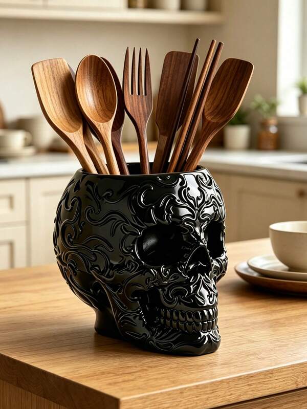 Porte-objets en résine en forme de crâne, adapté au rangement de la vaisselle d'intérieur, boîte de rangement pour articles en forme de crâne noir, boîte de rangement crâne d'Halloween, petit bac de rangement décoratif, adapté au bureau, accessoires de photographie, décoration de la maison, décoration de cuisine, meilleur cadeau