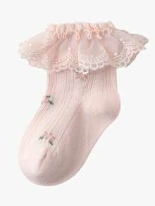 4 Pairs Girls Baby Spring Summer Lotus Leaf Ruffle Lace Pink Embroidered Floral Mesh Breathable Fashion Princess Socks, Dance Socks, Suitable For Home Daily Wear/Travel/Back To School - Multicolor - View 6