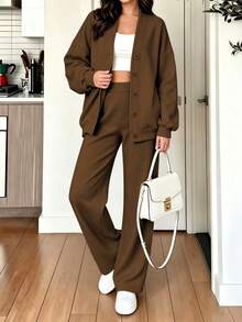 2pcs/Set Women's Button-Up Off-Shoulder Design Slimming Minimalist Streetwear Long Sleeve Sweatshirt Sweatshirt & Wide Leg Pants Set, Sports Fitness Home Yoga Casual Travel Daily Wear Elegant Lady Autumn New 2026 - Brown - View 6