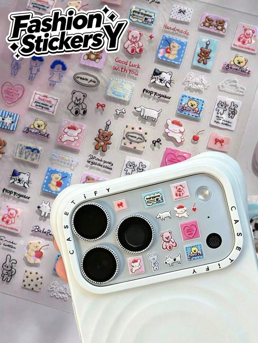 1pc Cute Pet Decorative Stickers, Bear Rabbit Puppy Cat Heart English Label Transparent Self-Adhesive Stickers, Suitable For Phone Lens, Earphone Case, Instant Camera And Other Portable Items, Pattern Print Is Durable And Resistant To Wear - 1pc to 5241 - View 1