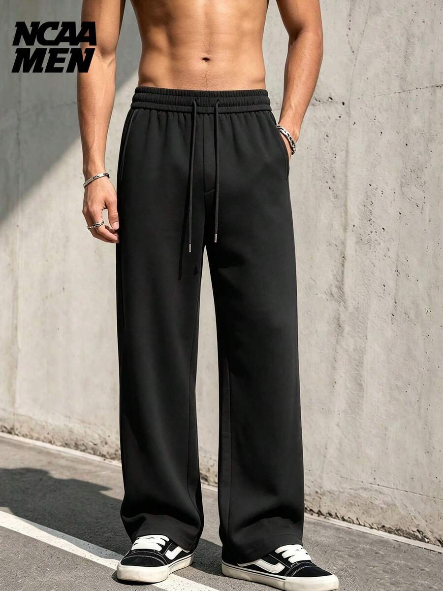 Men's Casual Sweatpants Solid Color Commute Versatile Straight Leg Long Pants - Black - View 1
