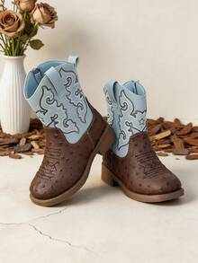 1 Pair Girls Brown Light Blue Two Tone Embroidery Western Ankle Boots, Spring Autumn Kids Footwear - Blue - View 2