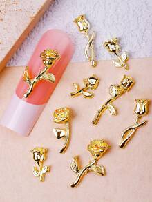 6-Grid 36pcs Luxury Metal Tulip & Rose Nail Art Charms, DIY Press-On Nail Accessories, Korean & Japanese Fashion Versatile Metal 3D Nail Decor, Y2K Vintage Floral Nail Art Charms - Gold - View 2