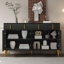 White Sideboard With Golden Handles And Legs, 4 Drawers, 4 Doors - Suitable For Living Room/Dining - 黑色 - 查看 5