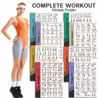 8pcs Fitness Poster Set, Stretching Exercise Dumbbell Yoga, Stability Ball, Barbell, Resistance Band, Hammer Complete Workout Guide, Gym Decoration, Home Fitness Poster, Perfect Gift