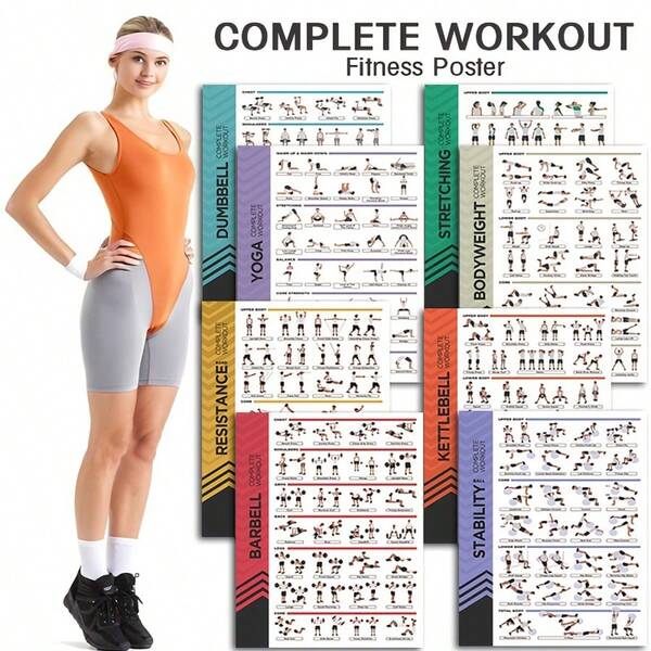 8pcs Fitness Poster Set, Stretching Exercise Dumbbell Yoga, Stability Ball, Barbell, Resistance Band, Hammer Complete Workout Guide, Gym Decoration, Home Fitness Poster, Perfect Gift