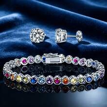 2pcs/Set 18K White Gold Plated Jewelry Set, 4mm Round Bezel Colorful Cubic Zirconia Tennis Bracelet And 6mm Stud Earrings, Women's Style, Suitable For Wedding Anniversary - White - View 4