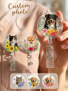 Custom Pet Photo Badge Reel Clip, Floral Acrylic ID Clip, Personalized Animal Portrait Name Tag For Nurse Teacher Office Daily Work Gift - Multicolor - View 2