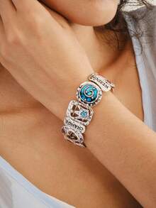 Nocturel 1pc Women's Fashion Elastic Bangle, Vintage Boho Style With Crown, Hollow Heart & Spiral Geometric Letter Print Mix Design, Great For Vacation - Multicolor - View 3