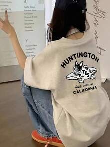 女款春夏純色圓領寬鬆百搭字母卡通狼狗印花短袖T恤休閒款 - 淺花灰 - 查看 2