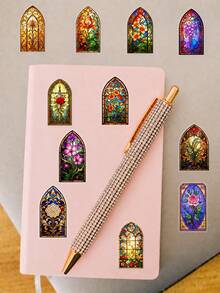 50Pcs PET Vintage Church Stained Glass PET Decor Stickers, Watercolor Illustrations Of Gothic Arch Floral Window With Roses, Peonies And Tulips, For Journal, Water Bottle, Luggage, Picnic DIY Decor - 7*6*1 - View 6