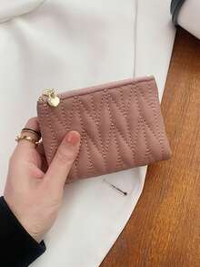 Portefeuille bifold matelassé brodé pour femmes avec poche zippée pour pièces, fentes pour cartes, porte-monnaie multifonction - Rose bonbon - Voir 4