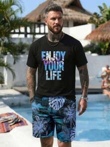 男士度假風印花短袖短褲套裝 - 彩色 - 查看 1