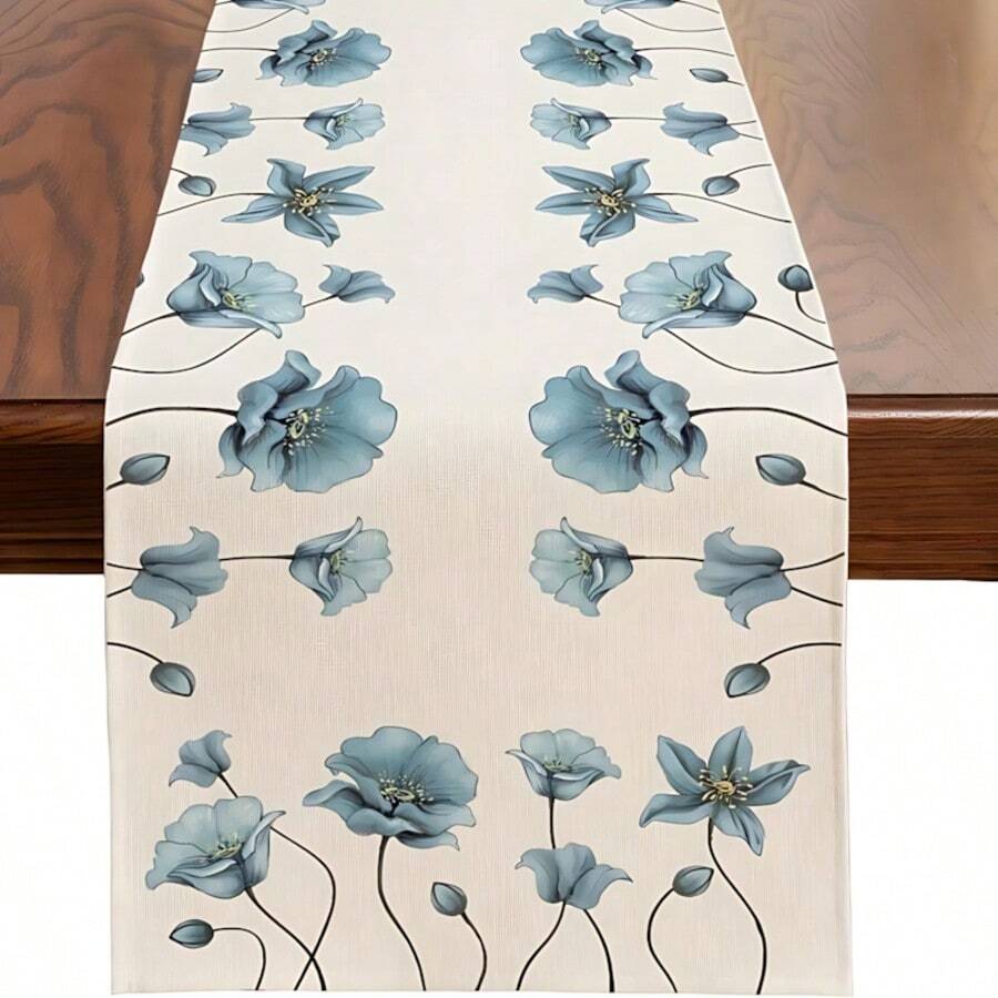 2D Flat Printing, American Country Style Blue Floral Pattern Table Runner, Minimalist Dining Table Decor Cloth, Living Room Coffee Table Long Tablecloth, Dining Room Sideboard Bed Runner, Nordic Ins Style Home Decor Fabric, Suitable For Four Seasons Kitchen, Party Gift, Thanksgiving Gift, Halloween Gift, Christmas Gift, Themed Decoration - View 1