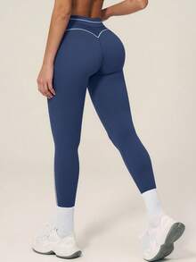 TimeOff Pantalones deportivos largos cortos de cintura alta con control de abdomen y decoración de línea blanca en bloques de color para mujer, 1 pieza - Azul Marino - Ver 3