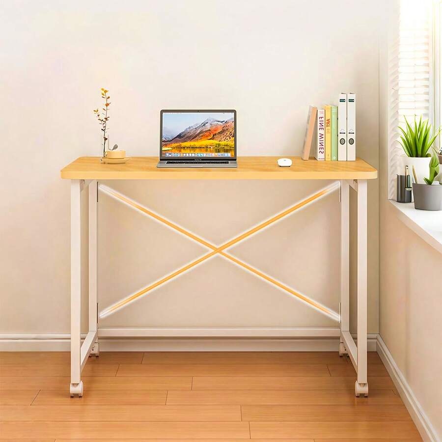 Compact Desk/Workstation/Folding Table, Suitable For Remote Work, Studying, Or Bedroom Use; Modern Style, Metal Frame, Walnut Finish. - Walnut Wood - View 1