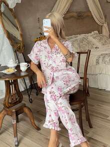 2pcs Women's Pajama Set, Elegant Ruffle Short Sleeve Long Pants Pajama Set, Open Front Collar Comfortable Pajamas - Soft Short Sleeve Button-Up Top And Elastic Waist Long Pants, Casual Loungewear - Multicolor - View 4
