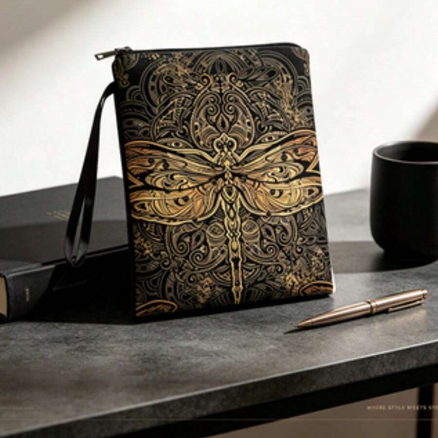 Balo in họa tiết Mandala chuồn chuồn màu vàng phong cách vintage - Túi đựng có khóa kéo cầm tay kèm dây đeo cổ tay - A - Xem 1