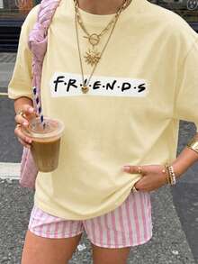 Light Yellow Oversized T-Shirt, Red Logo On Front, Loose Casual Short Sleeve Summer - Yellow - View 5