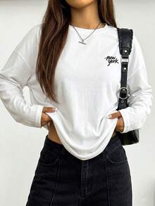 Women's Printed Round Neck Long Sleeve Regular Fit Loose T-Shirt, Fashion Versatile Casual Spring Autumn New Top - White - View 4