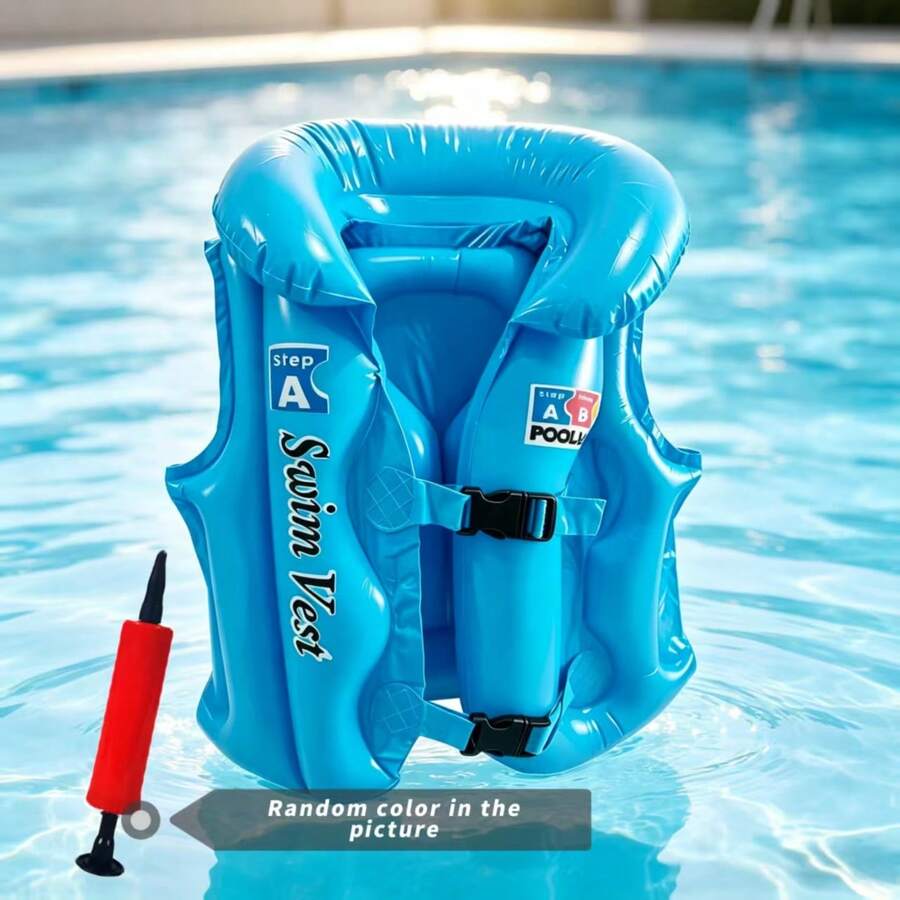 Adult Thickened PVC Inflatable Swim Ring Life Vest Anti-Flip Adjustable Buoyancy Vest Pool Water Play Equipment Beginner Buckle - Blue Life Jacket + Air Pump - View 1