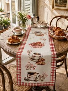 1pc Coffee Croissant Print Linen Table Runner, Farmhouse French Country Rectangular Table Runner With Red Gingham Border, Rustic Dining Table Decor For Kitchen, Coffee Bar, Breakfast Table, Cafe, Brunch Party And Everyday Home Use - Multicolor - View 7