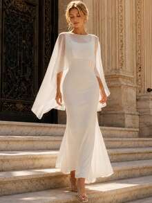 Perirose Elegant Women's Long Dress, Cape Sleeve Square Neck Solid Color Flowy Chiffon - White - View 1