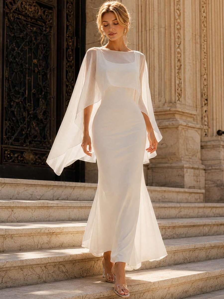 Perirose Elegant Women's Long Dress, Cape Sleeve Square Neck Solid Color Flowy Chiffon - White - View 1