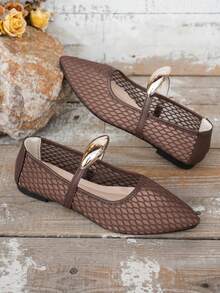 Pointed Toe Breathable Mesh Flat Ballet Shoes With Minimalist Metal Decor Nude Color Korean Style Daily Outing Shallow Mary Jane Shoes - Brown - View 5